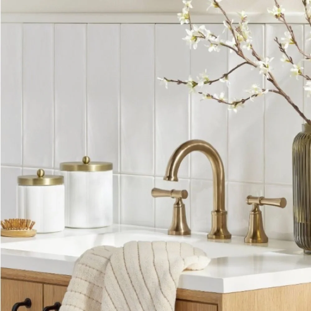 HEARTH & HAND NWT milk glass bath canister -white/gold -large